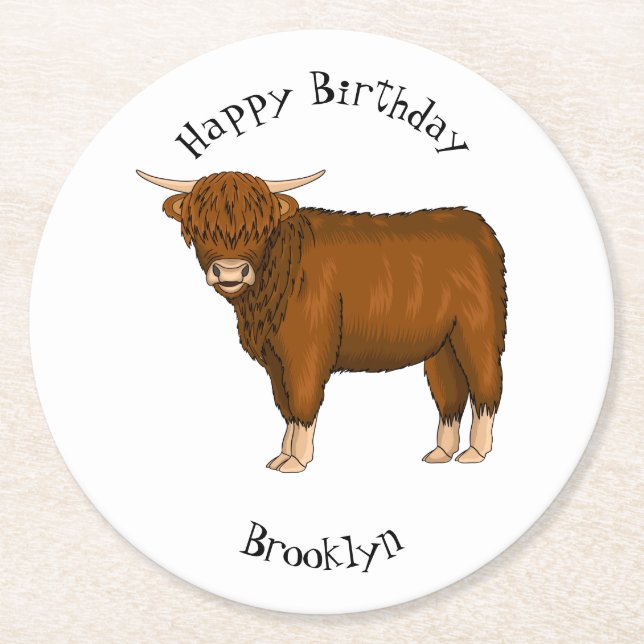 Highland cow cartoon illustration round paper coaster (Front)