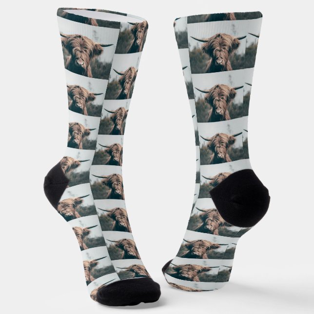 Highland cow cattle portrait rustic pattern socks (Angled)
