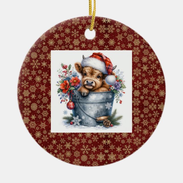 Highland Cow Christmas Ceramic Ornament (Front)