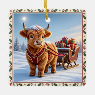 highland cow Christmas Ceramic Ornament