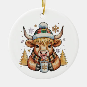 Highland Cow Christmas Fluffy Cozy Cute Gold Xmas Ceramic Ornament