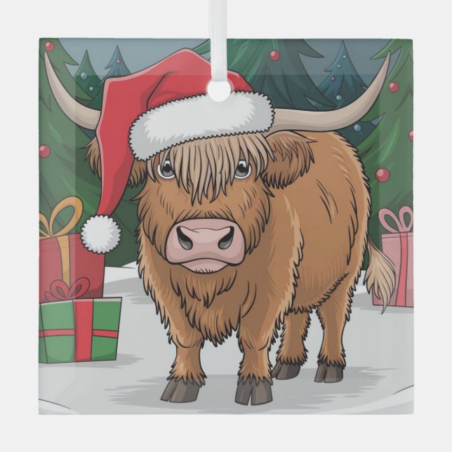 Highland Cow Christmas Glass Ornament (Front)