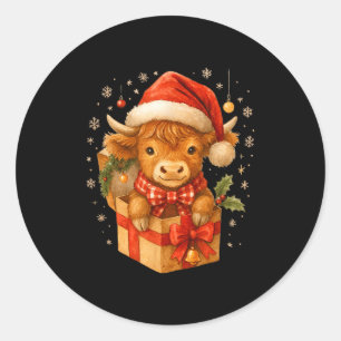 Highland Cow Christmas In Box Watercolor Santa Hat Classic Round Sticker