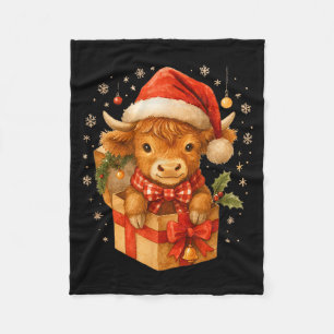 Highland Cow Christmas In Box Watercolor Santa Hat Fleece Blanket
