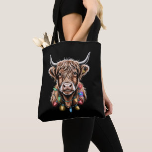Highland Cow Christmas Lights Holiday Festive Xmas Tote Bag