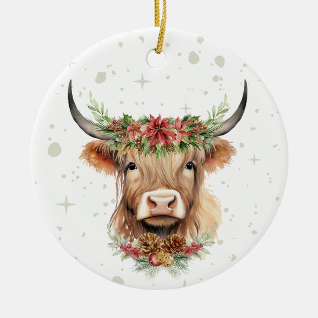 Highland Cow Christmas Ornament Personalized  (Front)
