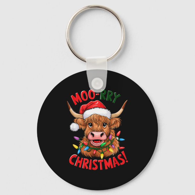 Highland Cow Christmas Pajama Moo Rry Cow Lover  Keychain (Front)