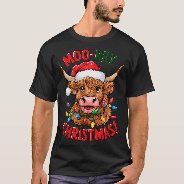 Highland Cow Christmas Pajama Moo Rry Cow Lover  T-Shirt (Front)