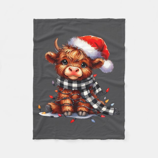 Highland Cow Christmas Santa Hat Mooey Xmas Heifer Fleece Blanket (Front)