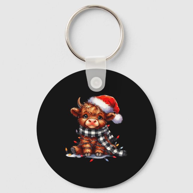 Highland Cow Christmas Santa Hat Mooey Xmas Heifer Keychain (Front)