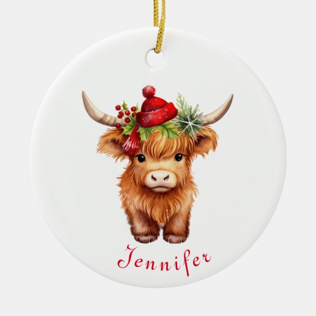 Highland Cow Christmas Santa Hat Personalized Ceramic Ornament (Front)