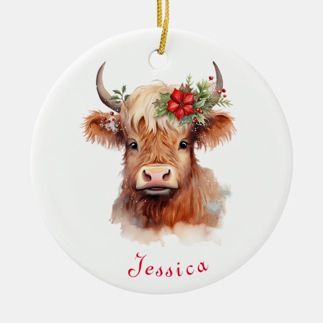 Highland Cow Christmas Santa Hat Personalized Name Ceramic Ornament (Front)