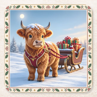 highland cow Christmas Square Paper Coaster