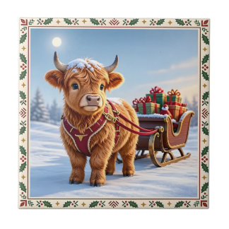 highland cow Christmas Tile