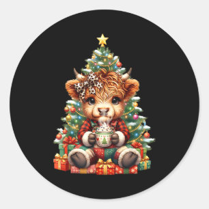 Highland Cow Christmas Tree Cute Heifer Cow Mooey  Classic Round Sticker