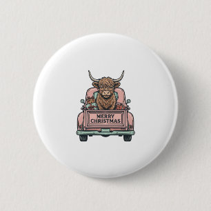 Highland Cow Christmas Truck Vintage Engraving Shi 2 Inch Round Button