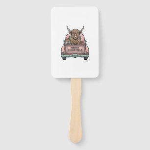 Highland Cow Christmas Truck Vintage Engraving Shi Hand Fan