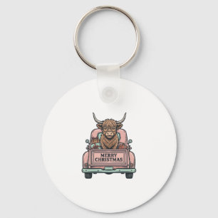 Highland Cow Christmas Truck Vintage Engraving Shi Keychain