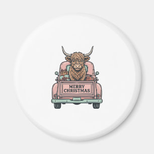 Highland Cow Christmas Truck Vintage Engraving Shi Magnet