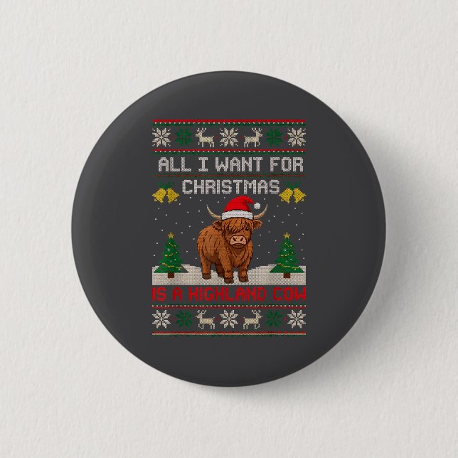 Highland Cow Christmas Ugly Sweater Style Festive  2 Inch Round Button (Front)