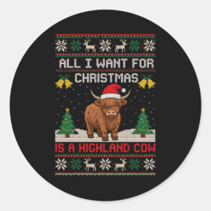 Highland Cow Christmas Ugly Sweater Style Festive  Classic Round Sticker