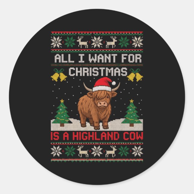 Highland Cow Christmas Ugly Sweater Style Festive  Classic Round Sticker (Front)