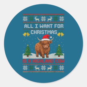 Highland Cow Christmas Ugly Sweater Style Festive  Classic Round Sticker