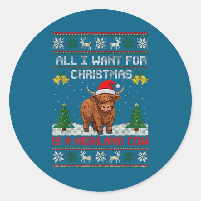 Highland Cow Christmas Ugly Sweater Style Festive  Classic Round Sticker (Front)
