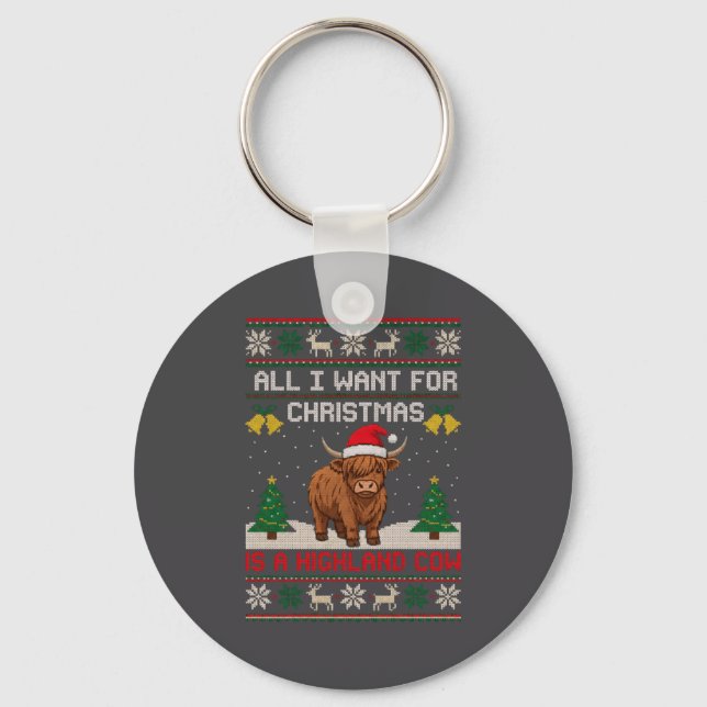 Highland Cow Christmas Ugly Sweater Style Festive  Keychain (Front)