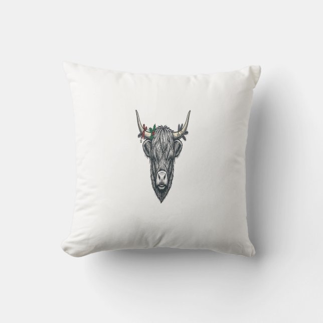 Highland Cow Christmas Ugly Sweater Vector Design_ Throw Pillow (Front)