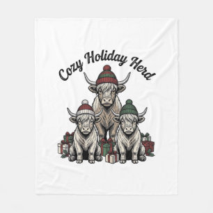 Highland Cow Christmas Vintage Holiday Herd Art Fleece Blanket