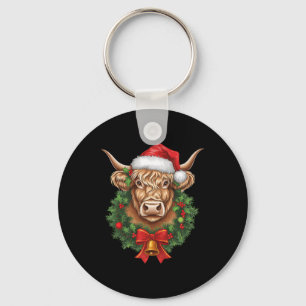 Highland Cow Christmas Xmas Santa Wooly Farm Anima Keychain