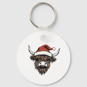 Highland Cow Christmas Xmas Santa Wooly Farm Keychain