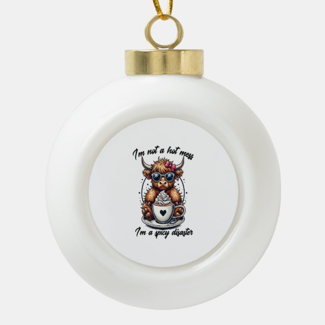 Highland Cow Coffee , Coffee Cow  Ceramic Ball Christmas Ornament (Front)