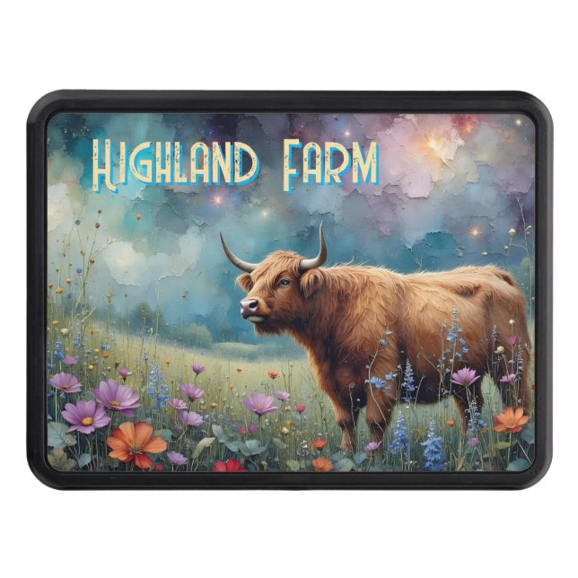 Highland Cow Colourful Meadow *personalize* Trailer Hitch Cover (Front)