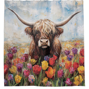Highland Cow Colourful Tulips Painting