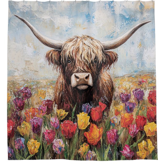 Highland Cow Colourful Tulips Painting (Front)