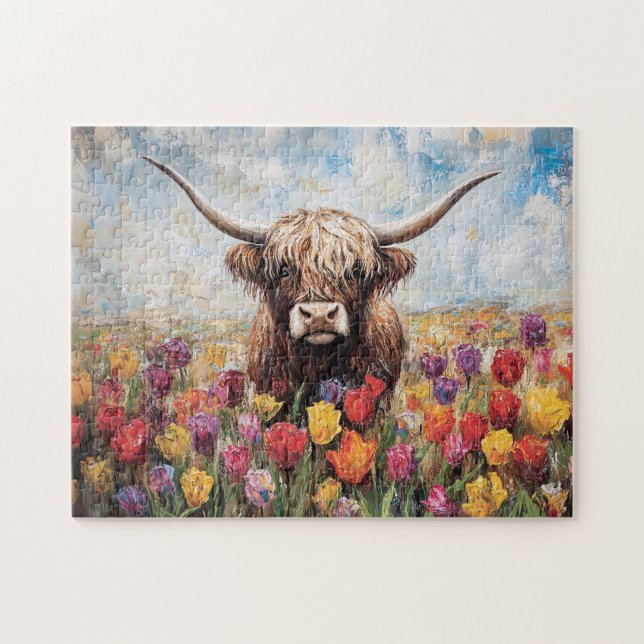 Highland Cow Colourful Tulips Painting Jigsaw Puzzle (Horizontal)