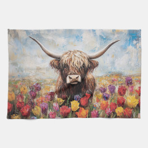 Highland Cow Colourful Tulips Painting Kitchen Towel