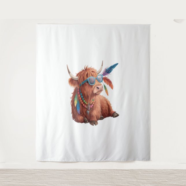 Highland Cow , Cool Cow , Sunglass Tapestry (Front)