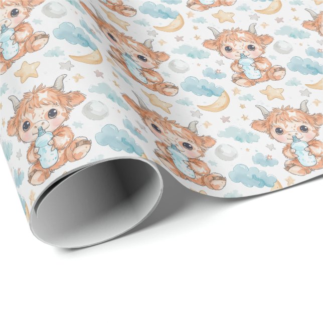 Highland Cow Cute Baby Watercolor Pattern  Wrapping Paper (Roll Corner)