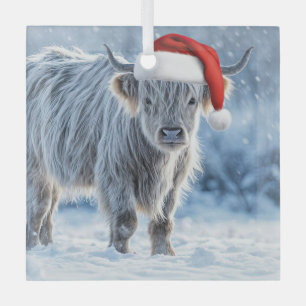 Highland Cow Cute in Snow Santa Hat Glass Ornament