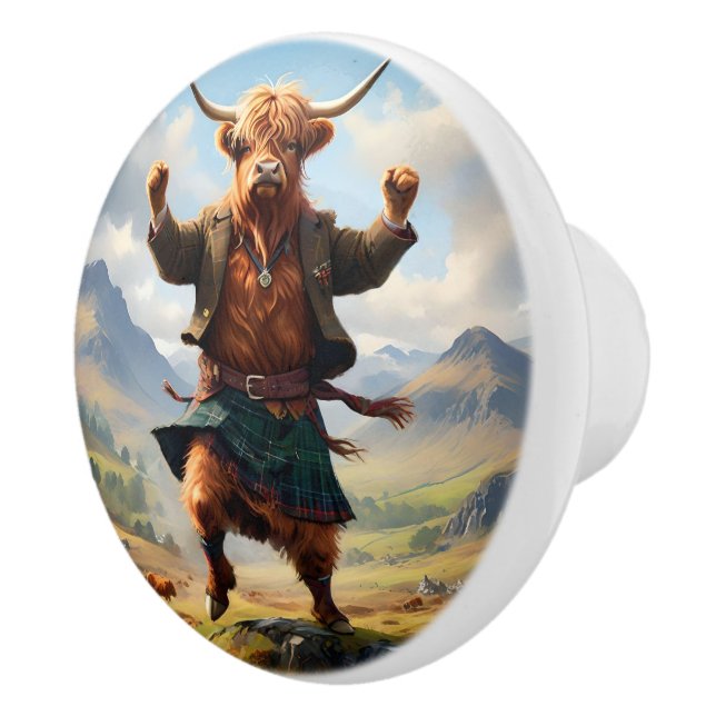 Highland Cow Dancing The Highland Fling, Ceramic Knob (Right)