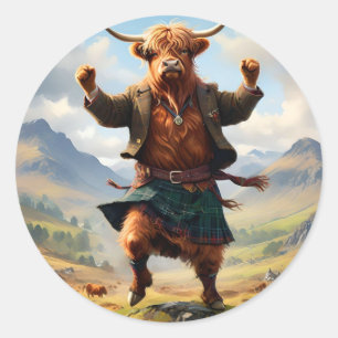 Highland Cow Dancing The Highland Fling, Classic Round Sticker