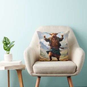Highland Cow Dancing The Highland Fling, Throw Pillow