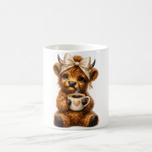 Highland Cow Drink Coffee Wear Cute Leopard Bow —  Mug