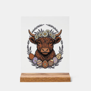 Highland Cow Easter Vintage Floral Egg Art Acrylic Sign