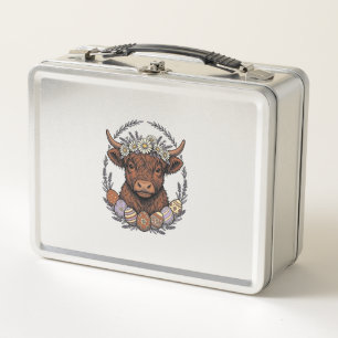 Highland Cow Easter Vintage Floral Egg Art Metal Lunch Box