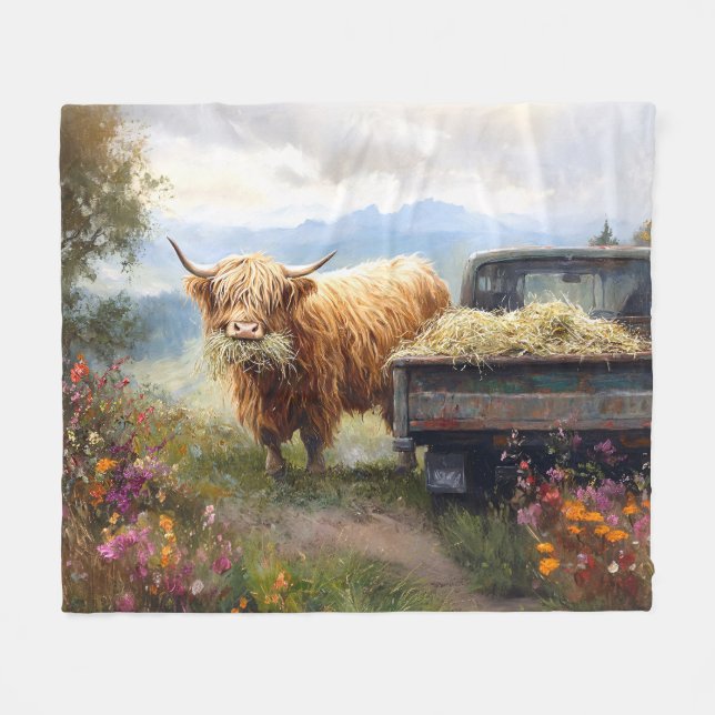 Highland Cow Eating Hay Fleece Blanket (Front (Horizontal))