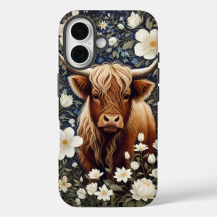Highland Cow Elegant White Floral iPhone 16 Case
